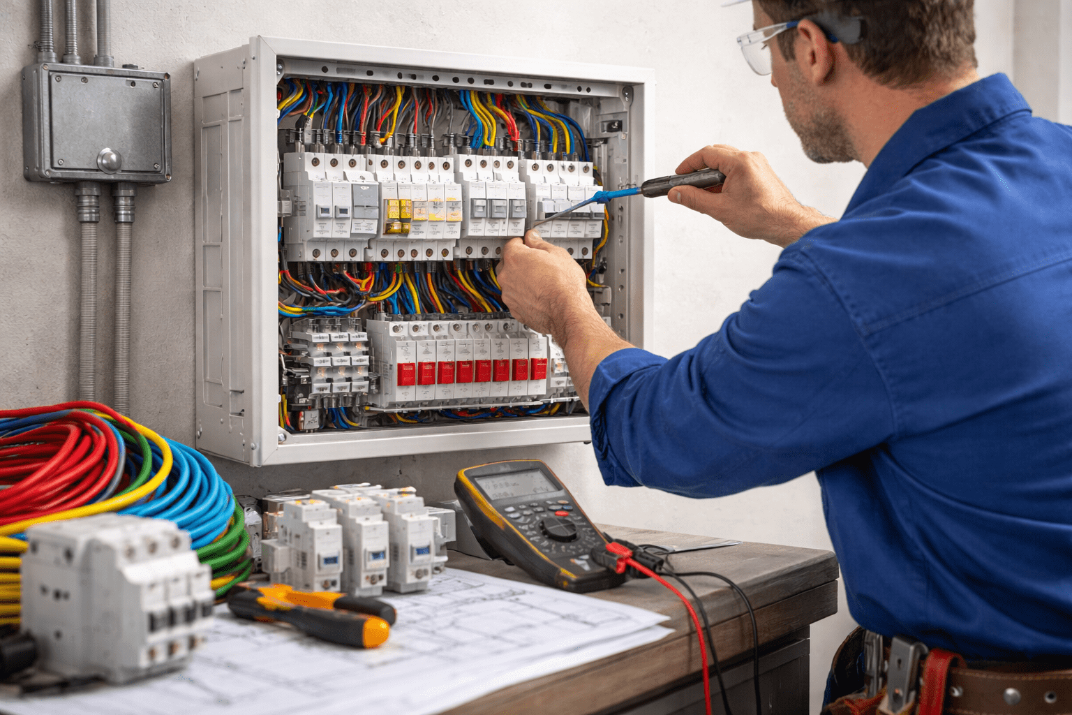 villanyszerelő biztosítéktáblát ellenőriz elektromos hiba miatt
